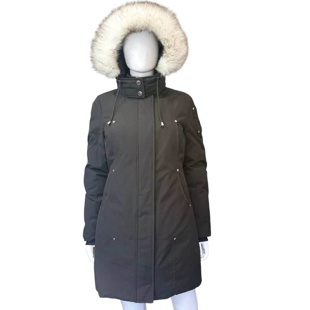 HFX Womens S Long Down Coat Faux Fur Trim Hood Black Water & Wind Resistant